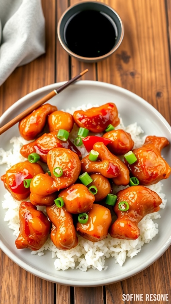 Honey garlic chicken served over rice, garnished with green onions on a rustic table.